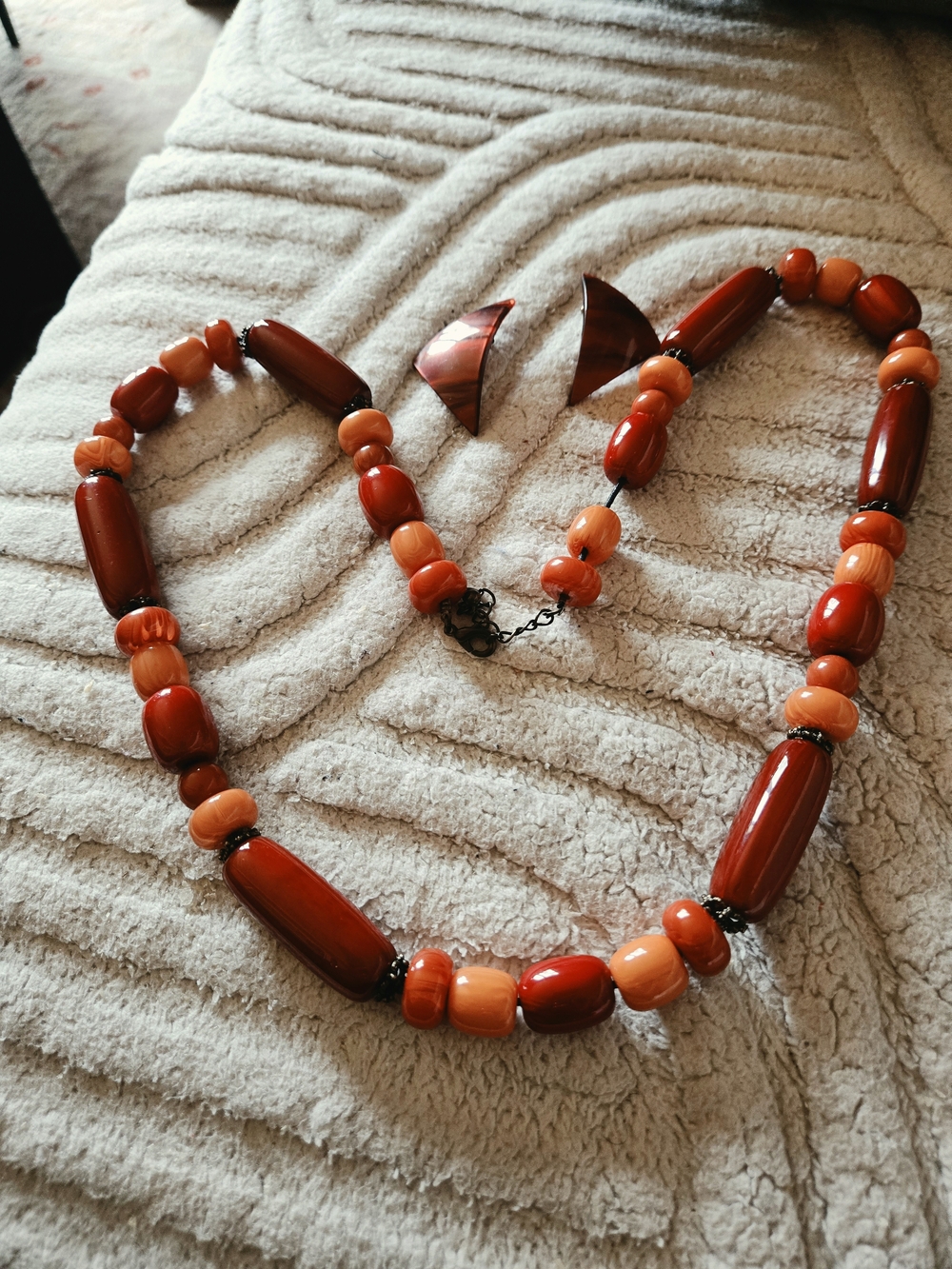 Vintage-Inspired Orange Bead Necklace and Earrings Set